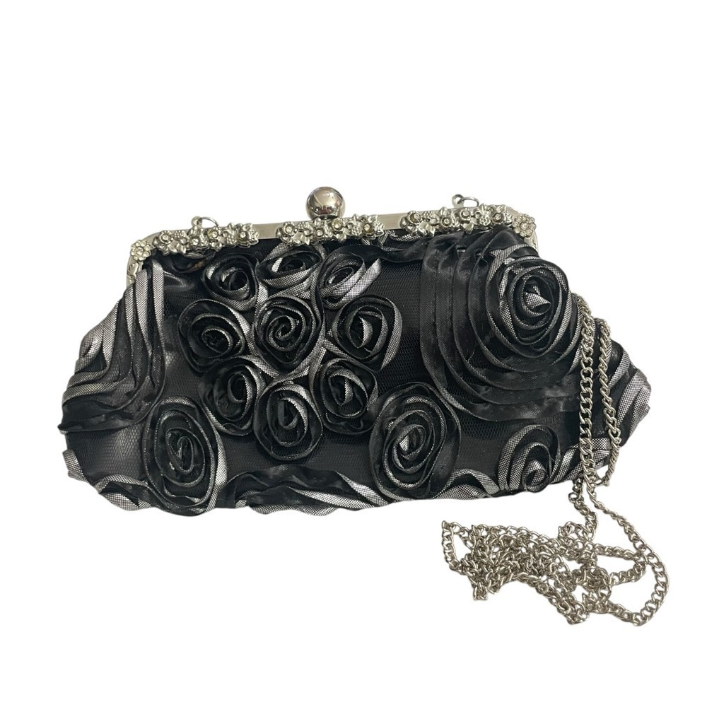 ICING Black Rose Floral Evening Bag Silver chain, Rhinestone Purse Clutch - Picture 7 of 12